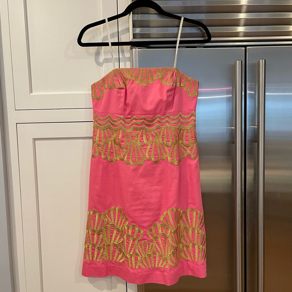 Lily Pulitzer Pink and Gold Strapless Dress in Size 4